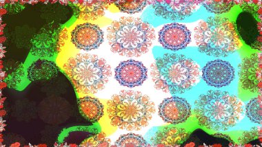 Raster illüstrasyonu. Suluboya çiçekli çiçek deseni. Yeşil renkli Asyalı tekstil.