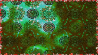 Raster illüstrasyonu. Çiçeksiz desenli arka plan, darbeler, sıçramalar, yaz çiçekleri. Yeşil renkte çiçekler.