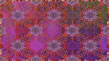 Raster illüstrasyonu. Şirin çiçekli kusursuz desen ve mor renkli yapraklar, suluboya çiçek deseni, duvar kağıdı, kart veya kumaş için fayanslı.