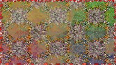 Raster illüstrasyonu. Kahverengi renkli Asya tekstili. Çiçeklerle suluboya desenleri.