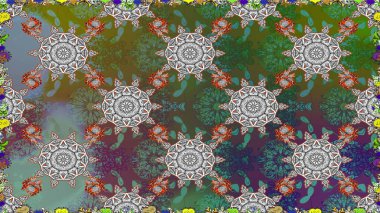 Çiçeksiz desenli, suluboya elle çizilmiş elementler. Parlak renkli fantezi çiçekleri, yapraklar, yeşil renkli tomurcuklar.