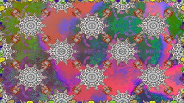 Çiçek ve yapraklı karalama şeklinde Raster çiçek deseni. Raster illüstrasyonu. Gri renkte bahar çiçekleri..