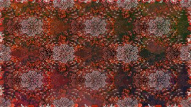 Kahverengi renkli Asya tekstili. Çiçeklerle suluboya desenli çiçek deseni. Raster illüstrasyonu.