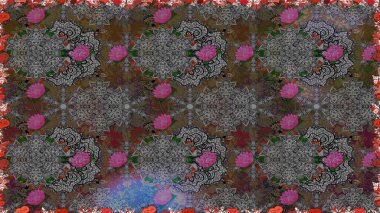 Düz Çiçek Elementleri Tasarımı. Gri renkli çiçekler. Raster illüstrasyonu. Çiçekli, suluboya desenli kusursuz çiçek deseni. Renkli Bahar Teması Kusursuz Arkaplan.