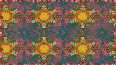 Parmak izi, kumaş, duvar kâğıdı, tekstil için raster dokusu. Renkli grunge, soyut arkaplanı colokahverengi çiçeklerle süslüyor. İşlemeli çiçek desenli..