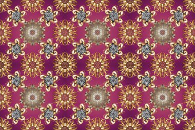 Kına dövmeli süs çiçekleri, altın çıkartmalar, mehndi ve yoga tasarımı, kartlar ve parmak izleri. Mor, kahverengi ve bej renkli desen. Raster altın mehndi kusursuz desen.