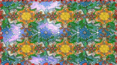 Bir sürü yeşil ve soyut çiçekli tropik eskiz deseni. Varicologreen Raster çizimi. Küçük çiçekte sevimli çiçek deseni var..