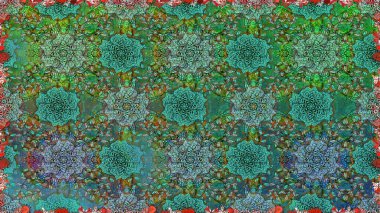 Renkli Bahar Temalı Kusursuz Arkaplan. Düz Çiçek Elementleri Tasarımı. Raster illüstrasyonunda kusursuz çiçek deseni. Yeşil renkte çiçekler.