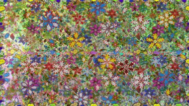 Çiçekli karalama şeklinde Raster çiçek deseni. Raster illüstrasyonu. Yumuşak, yaz çiçekleri yeşil renklerde.