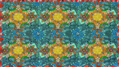 Raster illüstrasyonu. Eskiz geçmişi. Kumaş, tekstil, duvar kağıdı baskısı için. Eski usul. Renkli desenli eskiz deseni, mavi çiçekler ve dekoratif elementlerle.