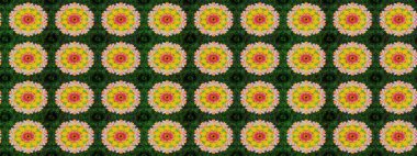 Renkli Bahar Teması eskiz kalıbı. Yeşil renkli şirin çiçek deseni. Raster Modaya uygun kumaş deseni. Düz Çiçek Elementleri Tasarımı.