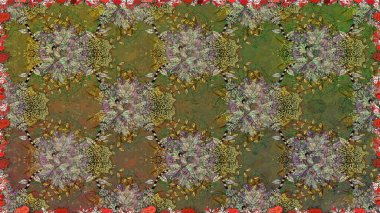 Çiçeksel elementlerle süslenmiş zarif raster dokusu. Kahverengi renkler ve parlak çiçekler üzerinde soyut, pürüzsüz desen. Küçük çiçekte şirin bir çiçek deseni var..