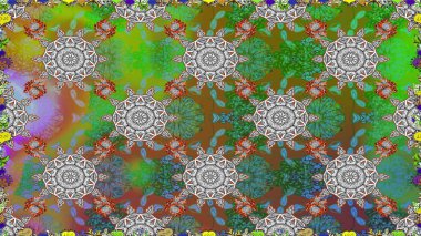 Raster illüstrasyonu. Çiçeksiz desenli arka plan, darbeler, sıçramalar, yaz çiçekleri. Yeşil renkte çiçekler.