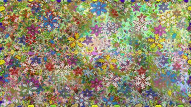 Düz Çiçek Elementleri Tasarımı. Çiçeksel fantezi tasarımı, parlak bir arka planda, kusursuz bir desen. Renkli Bahar Teması Kusursuz Arkaplan.