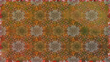 Kusursuz bir geçmişi var. Eski usul. Kumaş, tekstil, duvar kağıdı baskısı için. Raster illüstrasyonu. Renkli desenli, kahverengi çiçekli ve dekoratif elementli kusursuz desen..