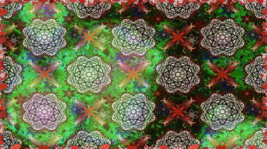 Yeşil renkli çiçekler. Renkli Bahar Temalı Kusursuz Arkaplan. Düz Çiçek Elementleri Tasarımı. Raster illüstrasyonunda kusursuz çiçek deseni.