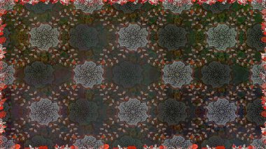 Çok renkli, zarif küçük çiçekler ve gri renkli komik böcekler, raster desen, illüstrasyon.