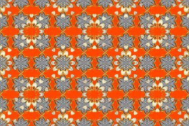 Sanat ilham verici, gri ve turuncu renkli çiçekler ve yapraklar. Karalama çiçekleri kusursuz desen. Kahverengi, gri ve turuncu el çizimleri. Raster deseni.