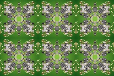 Vintage seamless pattern on a green and gray colors with golden elements. Christmas 2019, snowflake, new year.