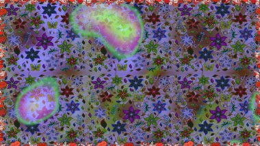 Retro tekstil tasarım koleksiyonu. Violet menekşe üzerinde. 1950-1960 motifleri. Çiçekli ipek eşarp. El çizimi çiçek elementleriyle soyut, dikişsiz raster deseni..