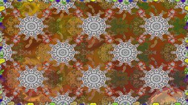 Kahverengi renklerde. Raster illüstrasyonu. Çiçek buketleriyle klasik tarzda kusursuz desen.