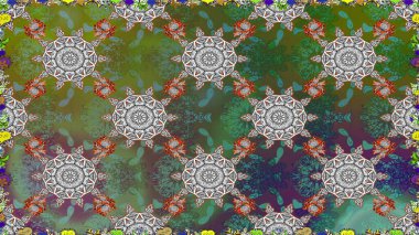 Renkli Bahar Temalı Kusursuz Arkaplan. Raster illüstrasyonu. Düz Çiçek Elementleri Tasarımı. Yeşil renkte zarif çiçekler ve suluboya..