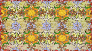 Renkli Yaz Temalı Kusursuz Arkaplan. Güzel kumaş deseni. Raster Illustrasyon 'da moda olmayan çiçek deseni. Düz Çiçek Elementleri Tasarımı.