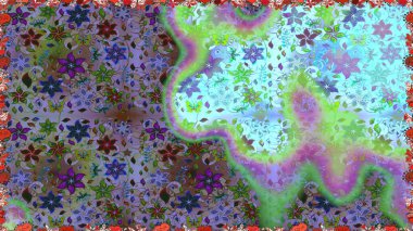 İşlemeli çiçekli, dikişsiz desen. Parmak izi, kumaş, duvar kâğıdı, tekstil için raster dokusu. Renkli grunge koloni çiçekleri ile soyut arkaplanı zenginleştirir.