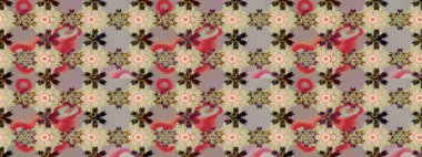 Retro tekstil tasarım koleksiyonu. Çiçekli ipek eşarp. 1950-1960 motifleri. El çizimi çiçek unsurları olan soyut çizim raster deseni. Bej üzerine bej.