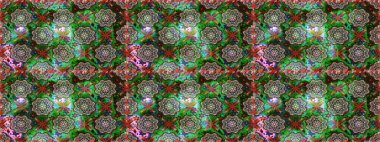 Renkli Yaz Temalı Kusursuz Arkaplan. Sevimli çiçek raster deseni. Yeşil renkli çiçekler. Düz Çiçek Elementleri Tasarımı.