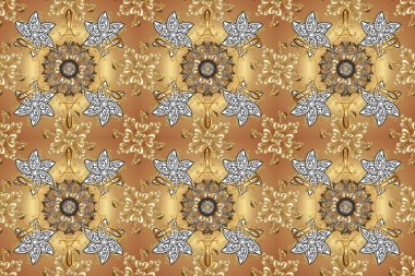 Kusursuz kraliyet lüksü, altın barok kumaş rengi. Altın antika ortaçağ dekoratifi, yapraklar ve bej ve kahverengi üzerine altın desenli süslemeler..