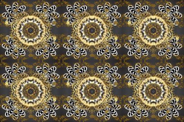 Kahverengi ve gri renkte desen. Kına dövmeli süs çiçekleri, altın çıkartmalar, mehndi ve yoga tasarımı, kartlar ve parmak izleri. Raster altın mehndi kusursuz desen.