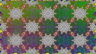 Çiçeksel elementlerle süslenmiş zarif raster dokusu. Küçük çiçekte hoş bir çiçek deseni var. Yeşil renkler ve parlak çiçekler üzerinde soyut, pürüzsüz desen.