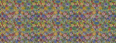 Bahar Tema Dikişsiz desen arka plan rengi. Düz çiçek öğeleri tasarım. Raster çizimde sorunsuz çiçek desenli. Fantezi kumaş deseni.