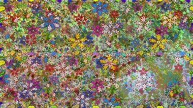 Raster illüstrasyonu. Küçük çiçekli basit, dikişsiz desen. Moda baskısı, albüm, ambalaj kağıdı ve duvar kağıdı için zarif dekoratif süslemeler. Yeşil renkte şirin çiçekler..