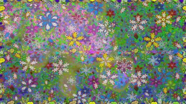 El çizimi Raster çizimi. Duvar kağıdı, web sitesi arka planı, ambalaj kağıdı, davetiye, broşür, afiş veya web sitesi için kusursuz çiçek deseni kullanılabilir. Parlak elementlerin.