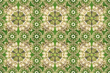 Kına dövmeli süs çiçekleri, altın çıkartmalar, mehndi ve yoga tasarımı, kartlar ve parmak izleri. Yeşil, bej ve nötr renklerde desen. Raster altın mehndi kusursuz desen.