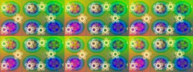 Yuvarlak raster kar tanesi. Renkli arka planda izole tatlı kar taneleri. Soyut kış yeşili, mavi ve sarı süs. Güzel kar tanesi. Raster illüstrasyonu.