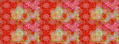 Raster Çiçek İllüstrasyonu güzel tekstil. Kırmızı renkte etnik çiçeklerle kusursuz bir desen..