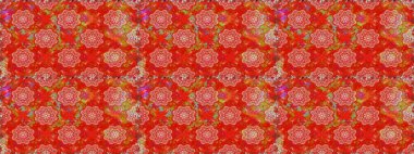 Renkli Bahar Temalı Kusursuz Arkaplan. Güzel kumaş deseni. Düz Çiçek Elementleri Tasarımı. Asya tekstil tarzında. Raster illüstrasyonu. Kusursuz çiçek deseni.