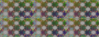 Çiçeksiz desenli, suluboya elle çizilmiş elementler. Parlak renkli fantezi çiçekleri, yapraklar, yeşil renkli tomurcuklar.