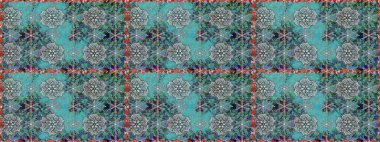 Raster Çiçek İllüstrasyonu güzel tekstil. Mavi renkte etnik çiçeklerle kusursuz bir desen..