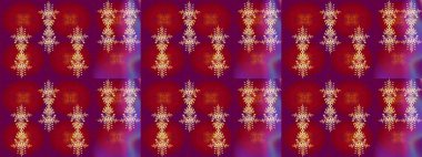 Renkler. Raster illüstrasyonu. Kar tanelerinin soyut arkaplanlı Noel şablonu. Noel ve yeni yıl moda baskıları için tatil tasarımı. Kırmızı, mor ve turuncu kar taneleri.