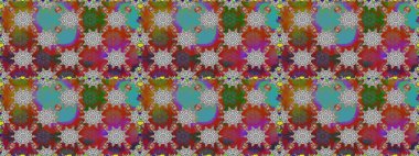 Renkli şal desenli, kahverengi çiçekli ve dekoratif elementli kusursuz desen. Kumaş, tekstil, duvar kağıdı baskısı için. Raster illüstrasyonu. Kusursuz bir geçmişi var. Antika retro tarzı.