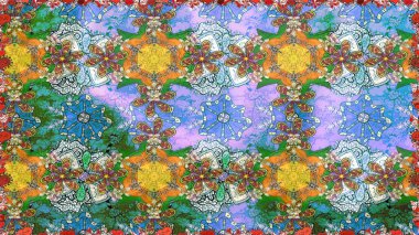 Çiçeksel elementlerle süslenmiş zarif raster dokusu. Mavi renkler ve parlak çiçekler üzerinde soyut, pürüzsüz desen. Küçük çiçekte şirin bir çiçek deseni var..