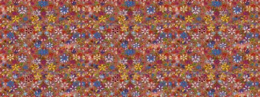 Renkli Bahar Temalı Kusursuz Arkaplan. Sevimli çiçek raster deseni. Düz Çiçek Elementleri Tasarımı. Kahverengi renkte çiçekler.