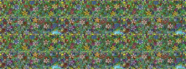 Raster illüstrasyonu. Raster deseni. Patlayan çiçekler soyut olarak yerleştirilmiş. Yumuşak, yeşil renkte bahar çiçekleri.