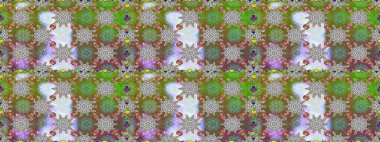 Raster illüstrasyonu. Kumaş, tekstil, duvar kağıdı baskısı için. Eski usul. Renkli desenli, gri çiçekli ve dekoratif elementli kusursuz desen. Kusursuz arkaplan.