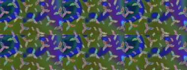 Yüzey için tekrarlanan doku, ambalaj kağıdı, yeşil, mavi ve mor renkli kar tanesi. Kış kar taneleri, raster arka plan.