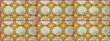 İşlemeli çiçekli, dikişsiz desen. Parmak izi, kumaş, duvar kâğıdı, tekstil için raster dokusu. Renkli grunge koloni çiçekleri ile soyut arkaplanı zenginleştirir.